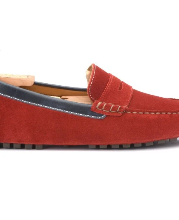 Mocassin été Homme Cuir Velours Rouge Et Cuir Navy - FERGUSON