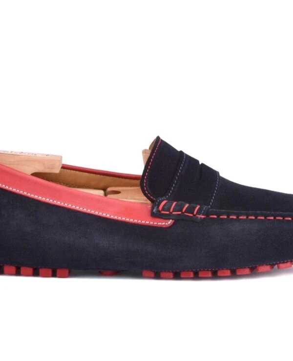 Mocassin été Homme Cuir Velours Marine Et Cuir Rouge - FERGUSON