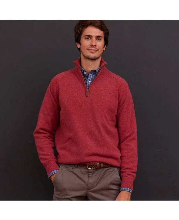 Pull Homme Laine Col Zippé Rouge Chiné - KENNETH