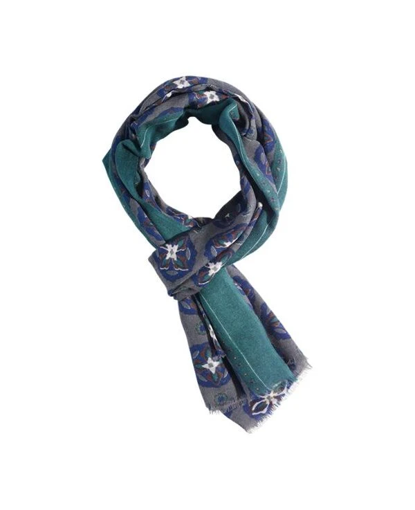 Écharpe Laine Kaki Motif Indigo Et Vert