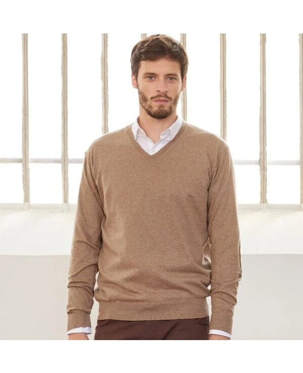 Pull Fin Homme Coton Bio/cachemire Col V Taupe Chiné - VADIM