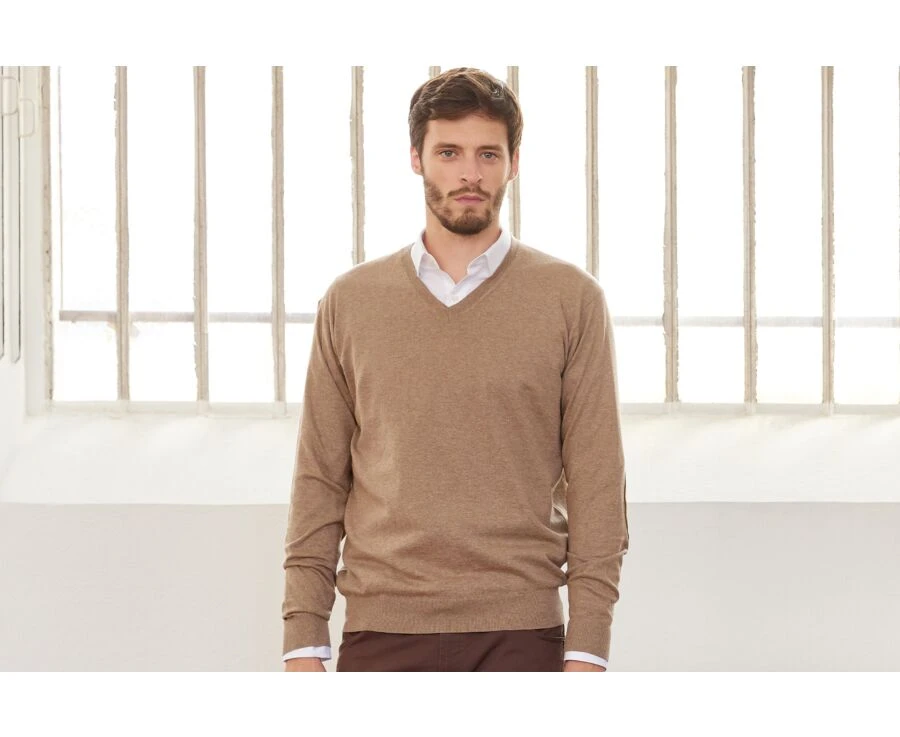 Pull Fin Homme Coton Bio/cachemire Col V Taupe Chiné - VADIM 1 Pull Fin Homme Coton Bio/cachemire Col V Taupe Chiné - VADIM