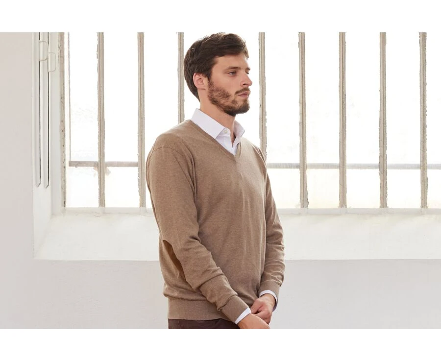Pull Fin Homme Coton Bio/cachemire Col V Taupe Chiné - VADIM 3 Pull Fin Homme Coton Bio/cachemire Col V Taupe Chiné - VADIM – Image 3