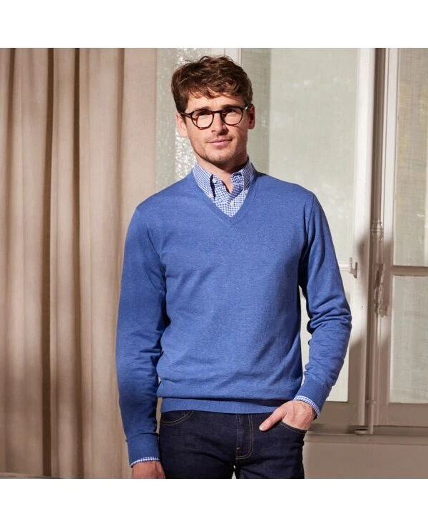 Pull Fin Coton Bio/cachemire Col V Bleu - VADIM