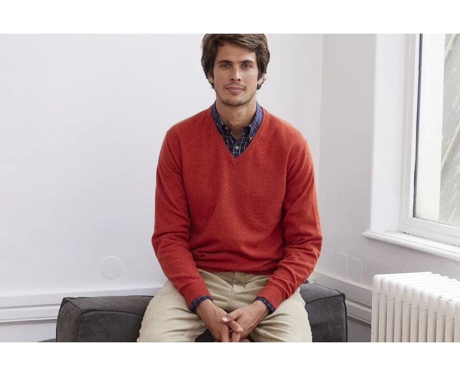 Pull Col V Homme Laine Rouge Ambre - ELIAN 1 Pull Col V Homme Laine Rouge Ambre - ELIAN
