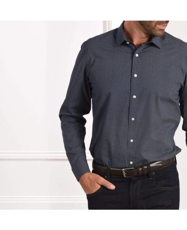 Chemise Imprimée Navy Motifs Beiges - Col Français - ALPHONSE