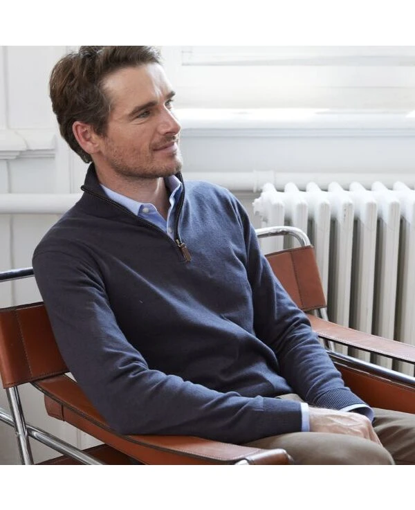 Pull Fin Homme Coton/cachemire Col Zippé Gris Réglisse - VLAD