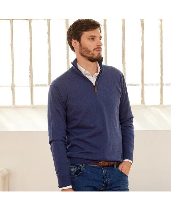 Pull Col Zippé Homme Fin Coton Bio/cachemire Bleu Foncé Chiné - VLAD