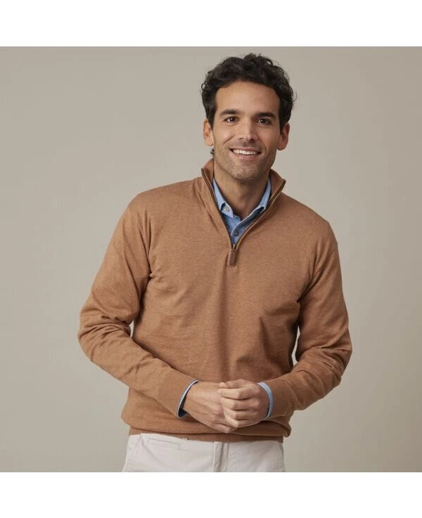Pull Fin Homme Coton Bio/cachemire Col Zippé Marron Chiné - VLAD