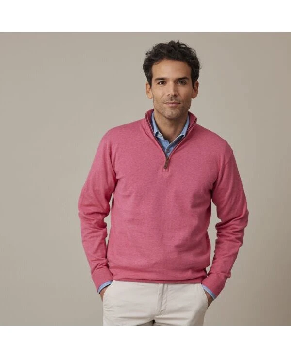 Pull Fin Homme Coton Bio/cachemire Col Zippé Framboise Chiné - VLAD