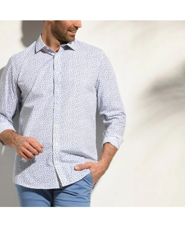 Chemise Blanche Imprimée Fleurs Bleues - Col Français - MATHURIN