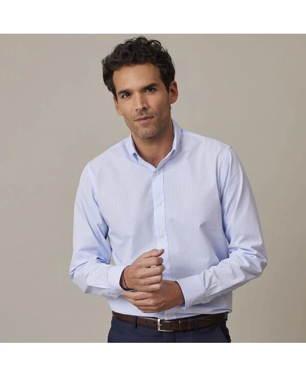 Chemise Coton Rayures Bleues Claires Et Blanches - Col Américain - MARLOW