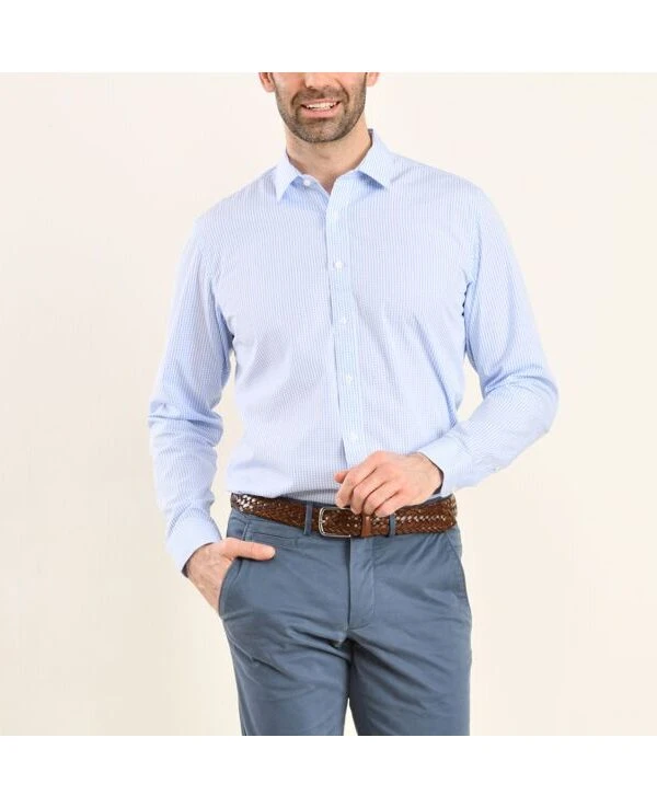 Chemise Blanche à Carreaux Bleus Clairs - Col Français - ALFIERO