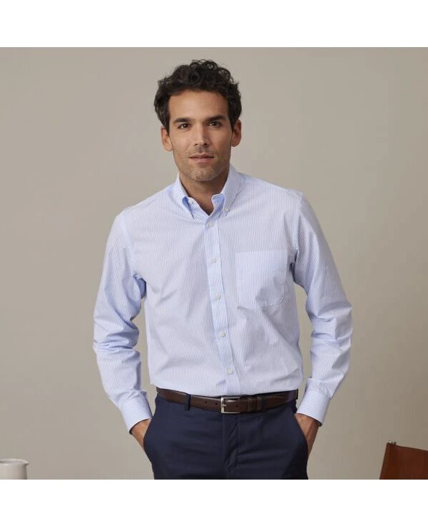 Chemise Coton Rayures Bleues Claires Et Blanches - Col Américain - MARLON