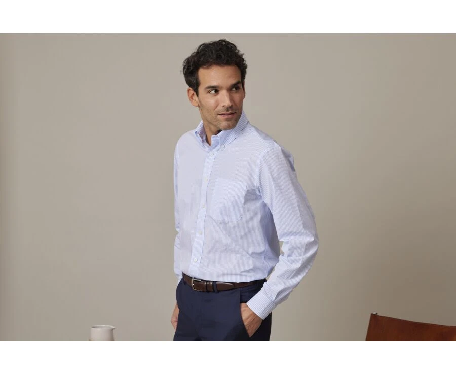 Chemise Coton Rayures Bleues Claires Et Blanches - Col Américain - MARLON 3 Chemise Coton Rayures Bleues Claires Et Blanches - Col Américain - MARLON – Image 3