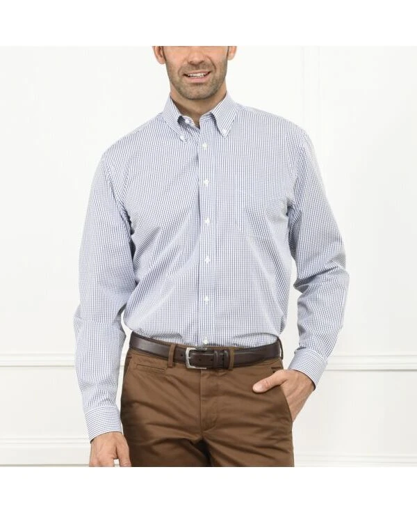 Chemise Coton Blanche Carreaux Marine - Poche - SCOTT