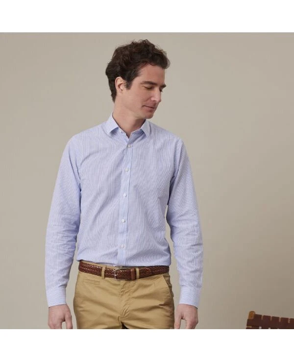 Chemise Coton Et Lin Bleu Océan Et Liseré Blanc - EDIBERT