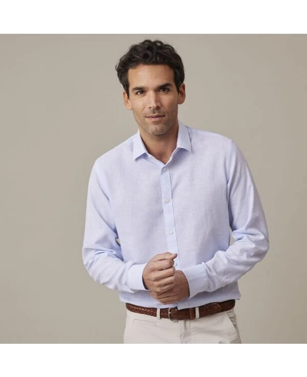 Chemise Coton Et Lin Bleu Clair Et Liseré Blanc - EDIBERT