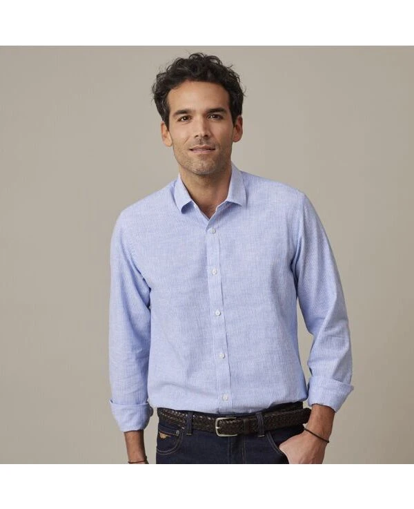 Chemise Coton Et Lin Bleu Et Liseré Blanc - EDIBERT