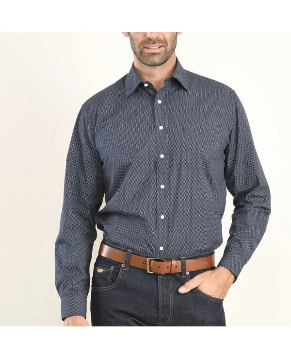 Chemise Coton Imprimée Navy Motif Beige - Poche Poitrine - ALBÉRIC