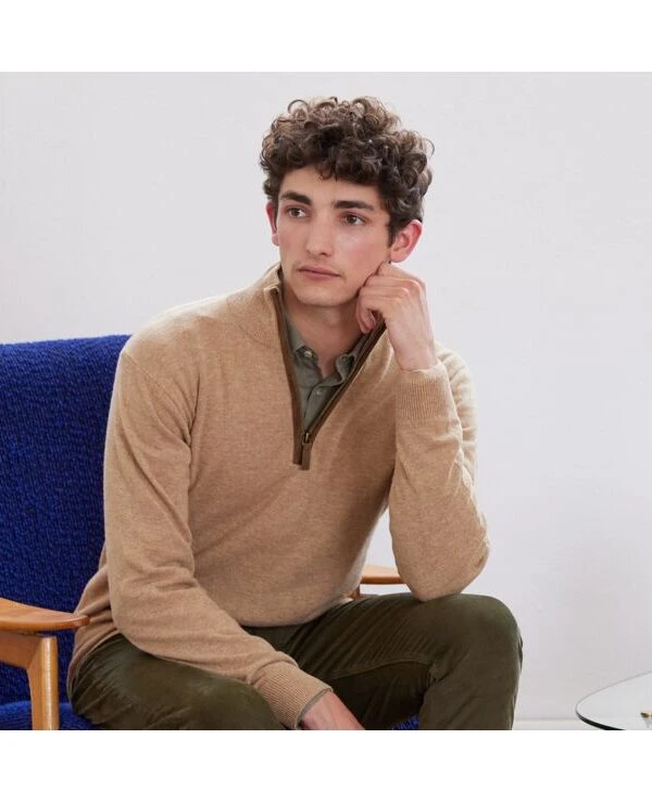 Pull Col Zippé Homme Laine Beige Foncé Chiné - KEITHY