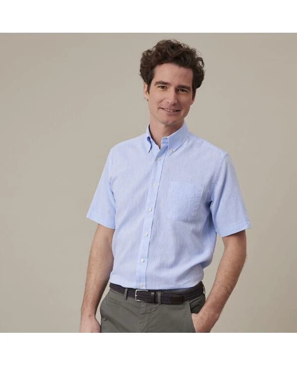 Chemise Coton Et Lin Chambray Bleu - Poche Poitrine - COLTEN MC