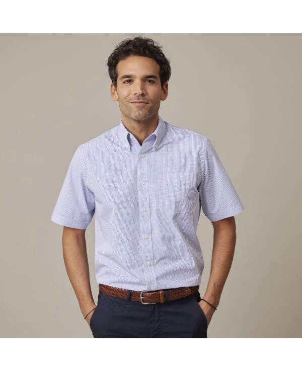 Chemise Coton Blanche à Petits Carreaux Bleu Océan - TIM MC