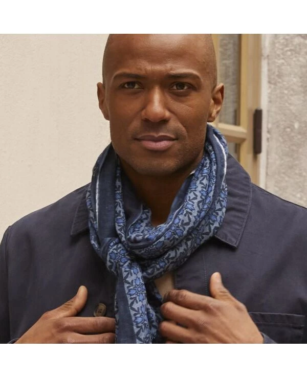 Chèche Lin Coton Motif Bleu Et Bleu Indigo