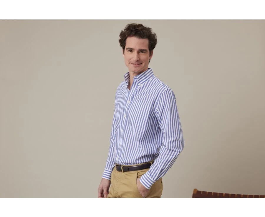 Chemise Manches Longues Coton Et Lin Bleu Océan Et Blanc - COLTEN 3 Chemise Manches Longues Coton Et Lin Bleu Océan Et Blanc - COLTEN – Image 3