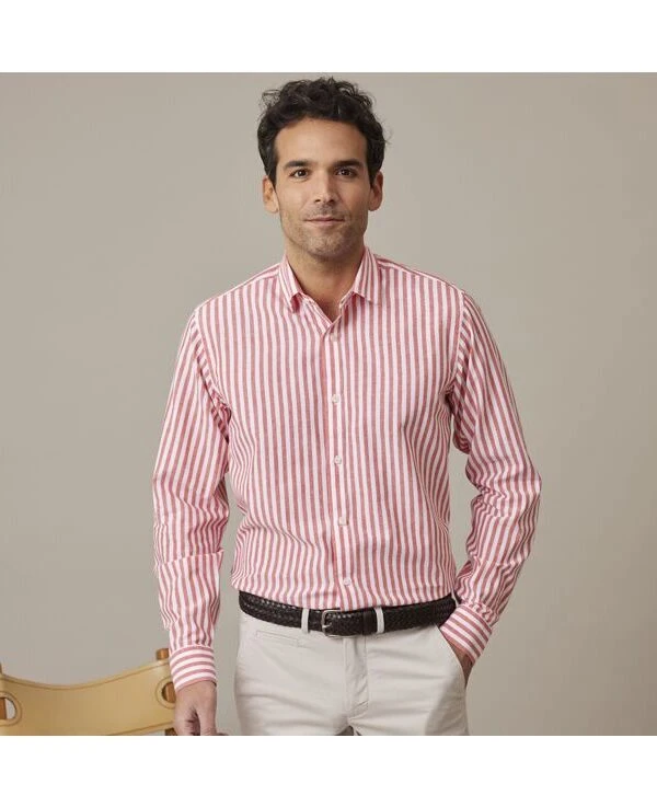Chemise Coton Lin Rayée Corail Et Blanche - SIMONIN