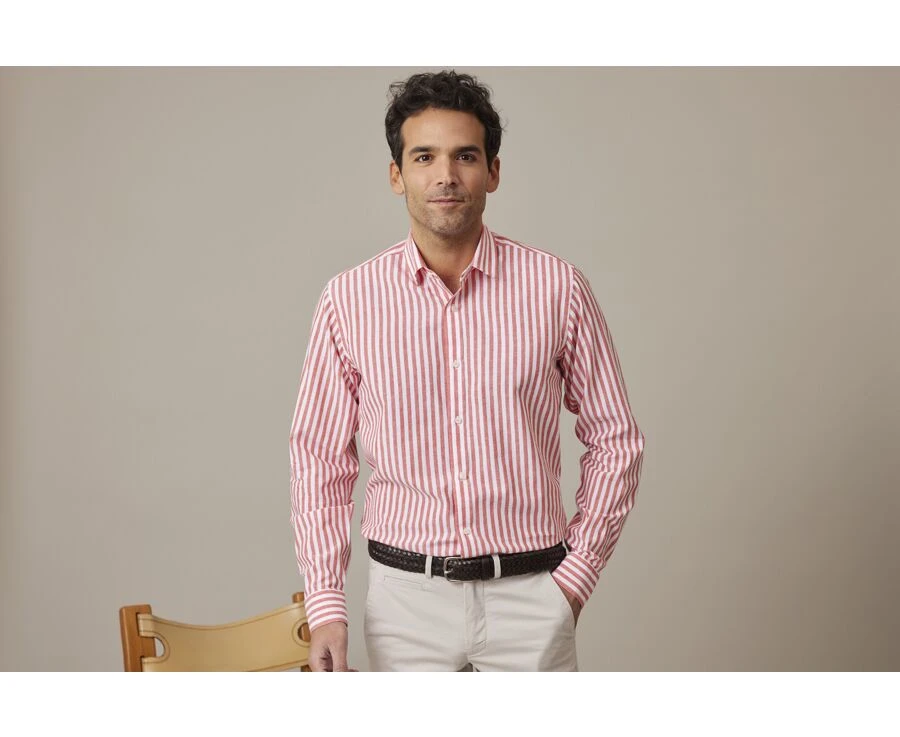 Chemise Coton Lin Rayée Corail Et Blanche - SIMONIN 1 Chemise Coton Lin Rayée Corail Et Blanche - SIMONIN