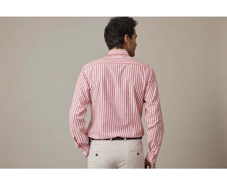 Chemise Coton Lin Rayée Corail Et Blanche - SIMONIN 2 Chemise Coton Lin Rayée Corail Et Blanche - SIMONIN – Image 2