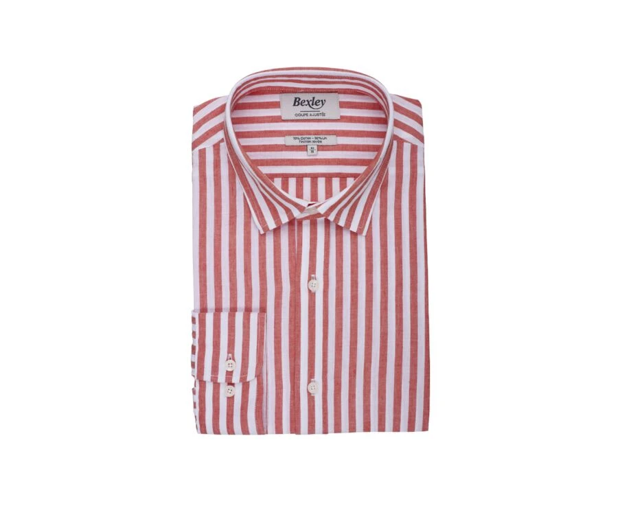 Chemise Coton Lin Rayée Corail Et Blanche - SIMONIN 4 Chemise Coton Lin Rayée Corail Et Blanche - SIMONIN – Image 4