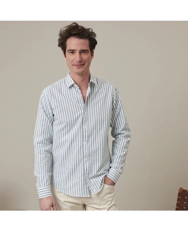 Chemise Coton Lin Rayée Verte Et Blanche - SIMONIN