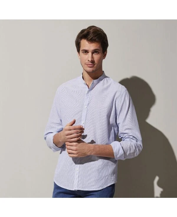 Chemise Seersucker à Rayures Fines Bleues Foncées Et Blanches - COLBERT