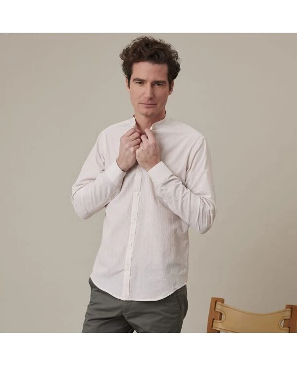 Chemise Seersucker à Rayures Fines Beiges Et Blanches - COLBERT