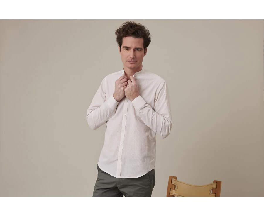 Chemise Seersucker à Rayures Fines Beiges Et Blanches - COLBERT 1 Chemise Seersucker à Rayures Fines Beiges Et Blanches - COLBERT
