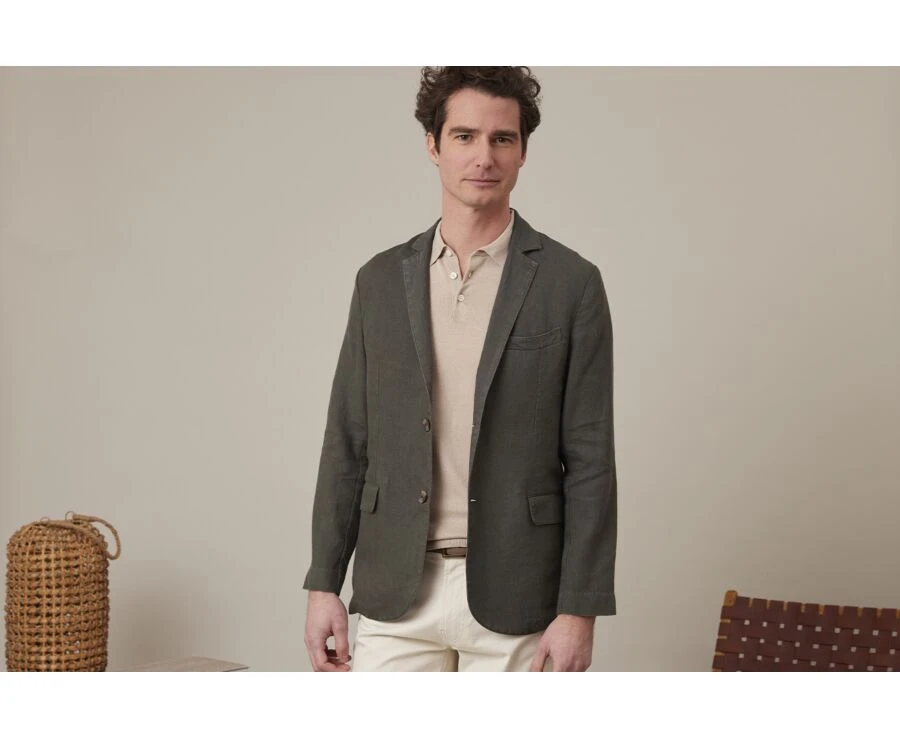 Blazer Lin Homme Olive Foncé - LUBIN 1 Blazer Lin Homme Olive Foncé - LUBIN