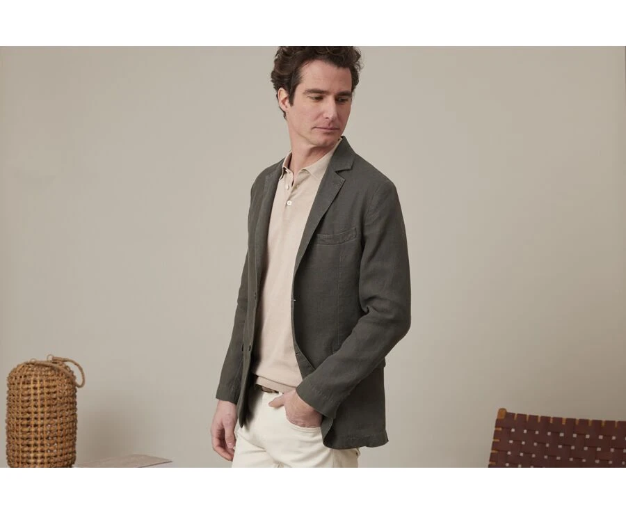 Blazer Lin Homme Olive Foncé - LUBIN 3 Blazer Lin Homme Olive Foncé - LUBIN – Image 3