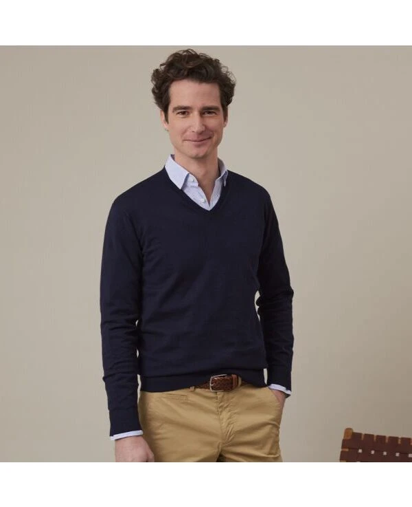 Pull Fin Homme Col V Coton Bio/cachemire Navy - VALTON