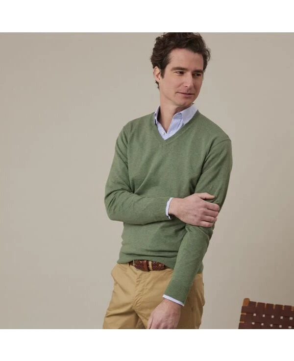 Pull Fin Homme Col V Coton Bio/cachemire Sauge Chiné - VALTON