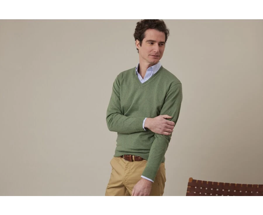 Pull Fin Homme Col V Coton Bio/cachemire Sauge Chiné - VALTON 1 Pull Fin Homme Col V Coton Bio/cachemire Sauge Chiné - VALTON