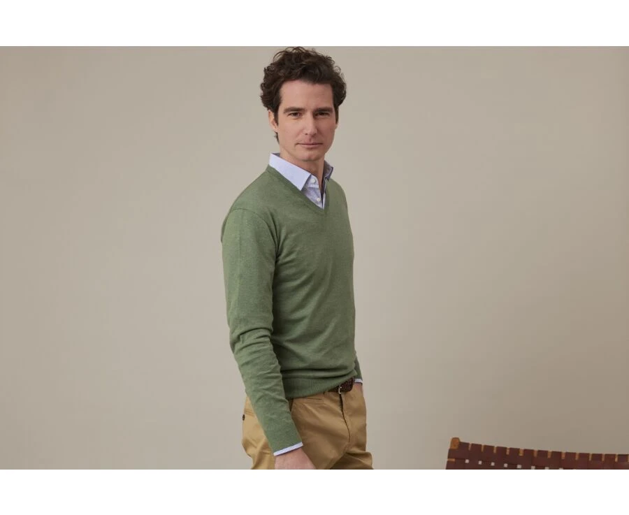Pull Fin Homme Col V Coton Bio/cachemire Sauge Chiné - VALTON 3 Pull Fin Homme Col V Coton Bio/cachemire Sauge Chiné - VALTON – Image 3