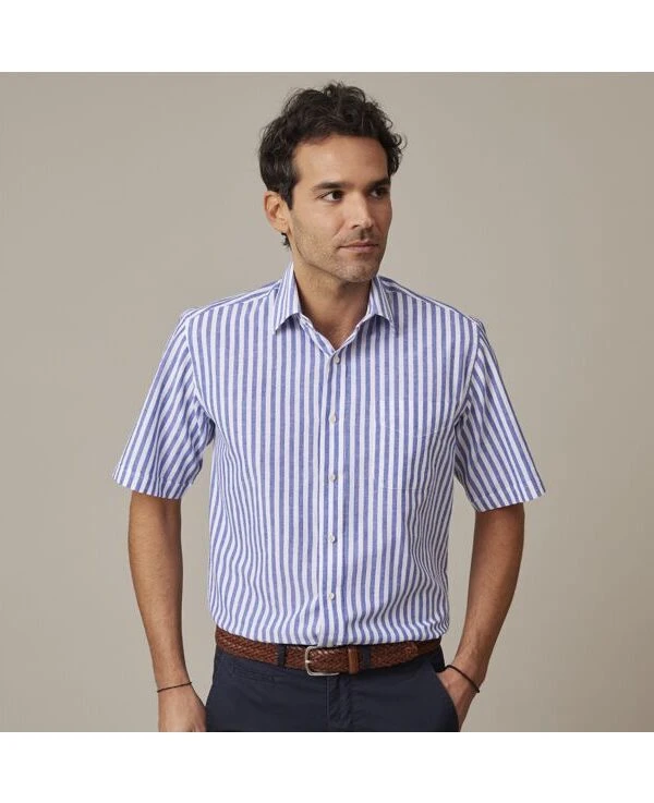 Chemise Homme Manches Courtes Bleu Océan à Rayures Blanches - SALVIEN MC