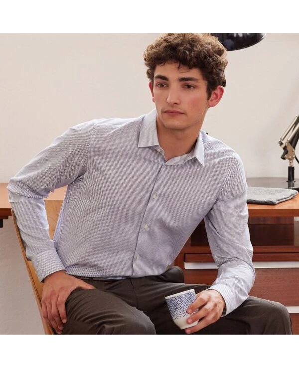 Chemise Twill Blanche à Carreaux Bleu Océan Homme- MARTINIEN