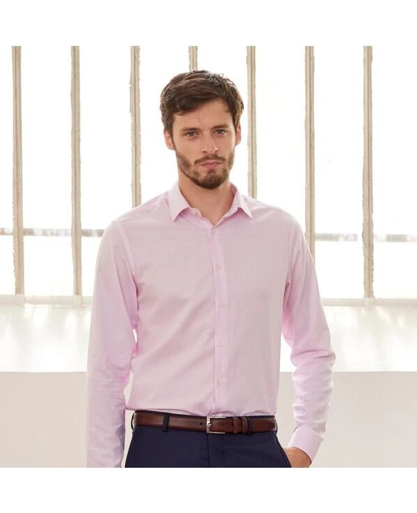 Chemise Twill Blanche à Carreaux Rose Clair Homme- MARTINIEN