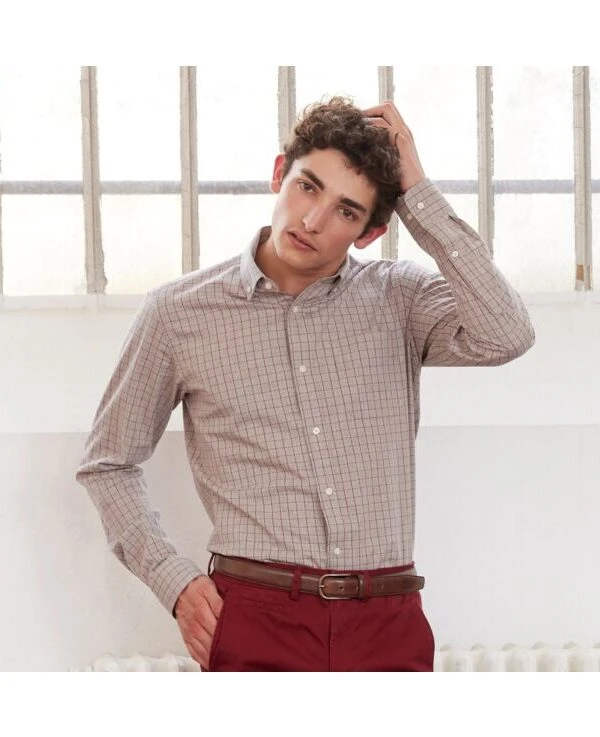 Chemise Flanelle Rouge Camel Et Beige - Poche Poitrine - BERTON