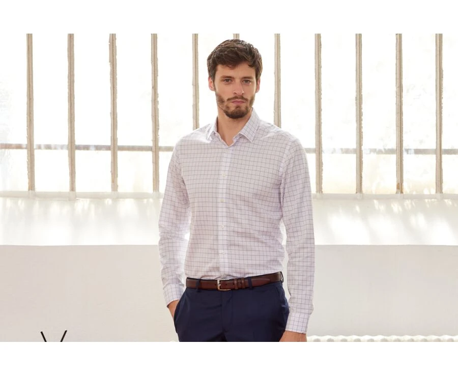 Chemise Blanche Carreaux Bleus - Col Français - SERGIUS 1 Chemise Blanche Carreaux Bleus - Col Français - SERGIUS