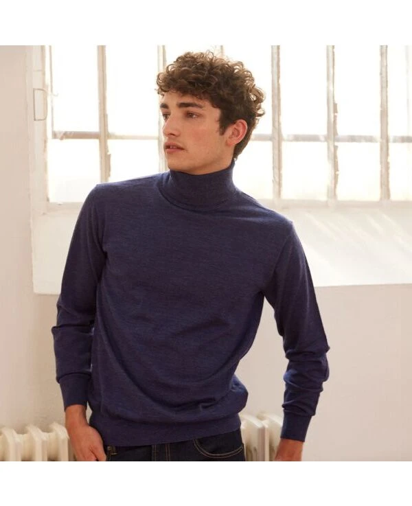 Pull Col Roulé Homme Bleu Foncé Chiné- EMERINOS