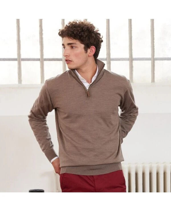 Pull Col Zippé Homme Gris Taupe Chiné - VLARINOS